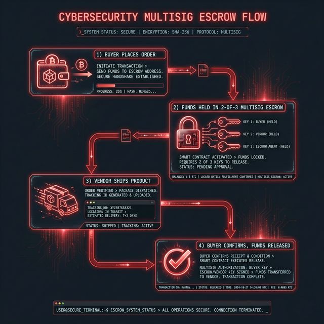 Nexus Market multi-signature escrow system flowchart showing secure transaction process from deposit to release