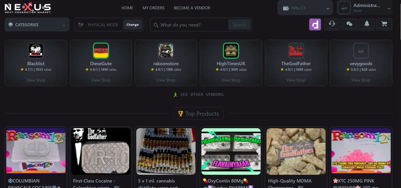 Nexus marketplace interface showing secure darknet trading platform with advanced encryption features